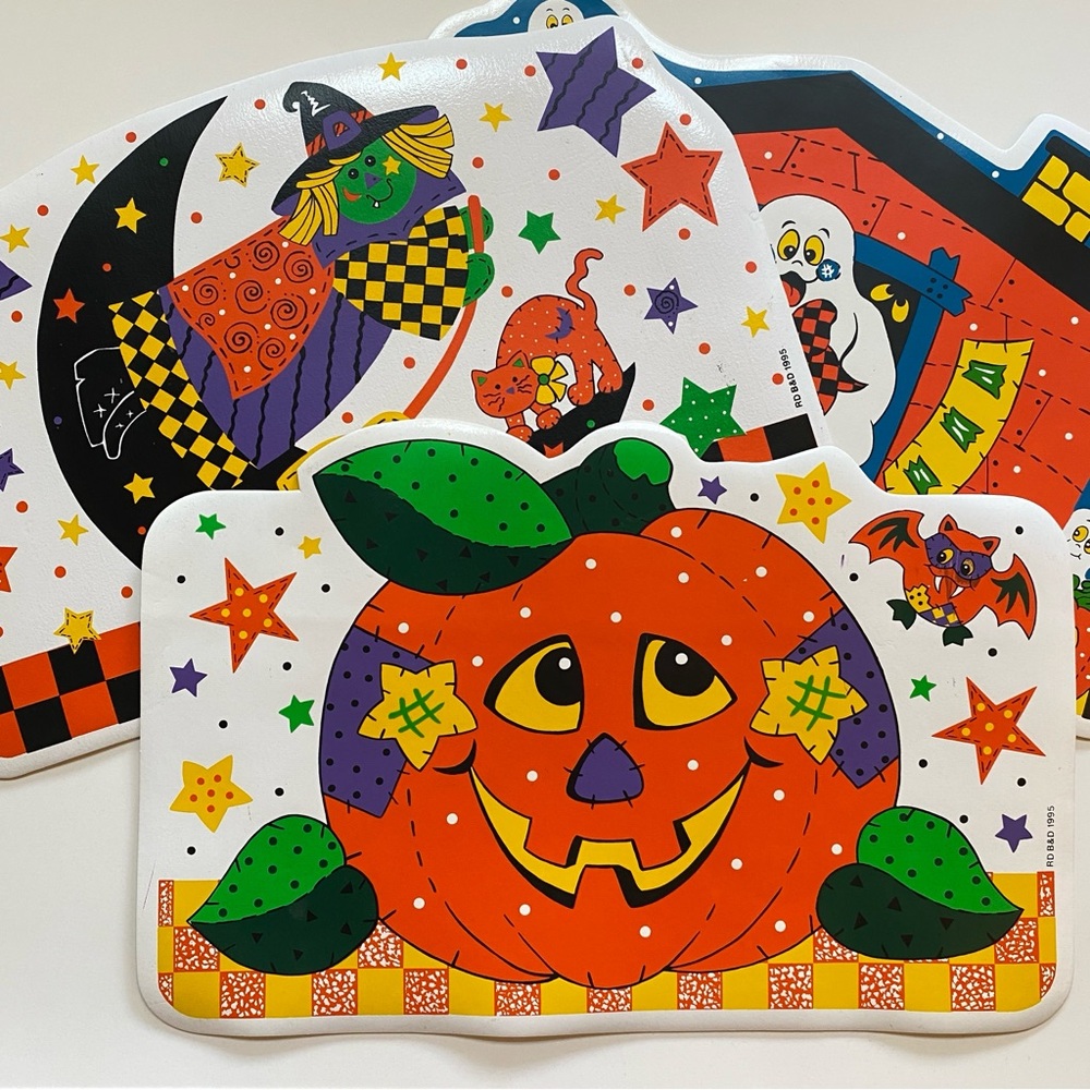 Vintage Halloween Vinyl Placemats JOL Witch Ghost 90s